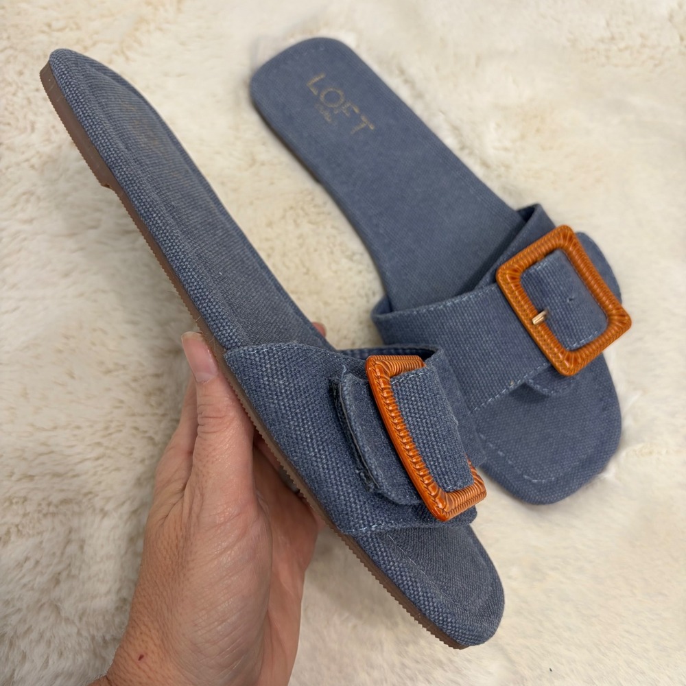 LOFT Outlet Blue Canvas Slide Sandals Oversized Buckle Square Toe Womens 7M